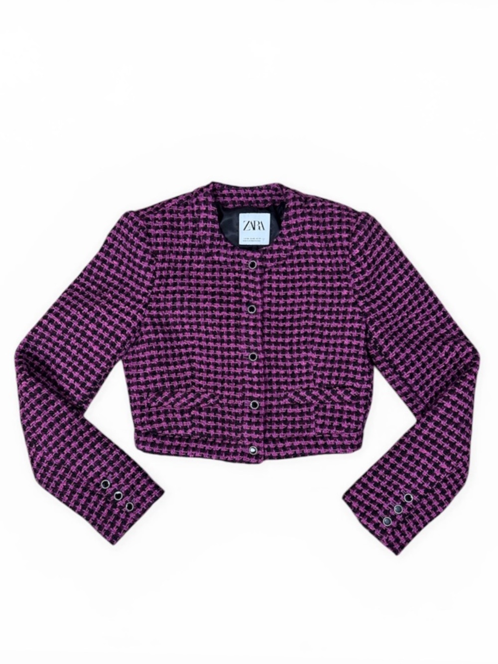 Zara Pink Cropped Pink Houndstooth Tweed Blazer Jewel Button Up Cardigan Sz XS